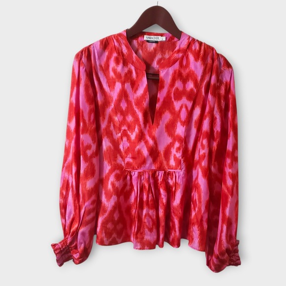 Maria Cher Tops - Maria Cher Loose Fit 100% Silk Blouse Pink Red Ikat Print Bishop Sleeve‎ Large